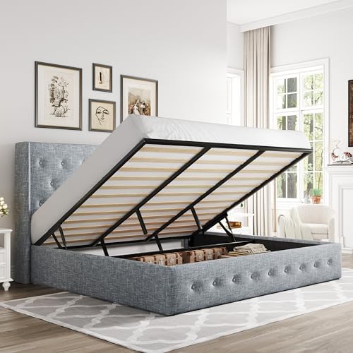 Allewie King Size Lift Up Storage Button-Tufted Bed Frame Blue Grey by Allewie