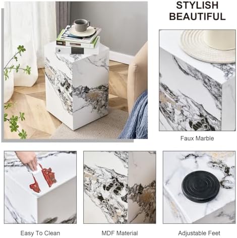 End Table, Side Table Living Room Table, Faux Marble Sofa Couch White Bedside - Image 4