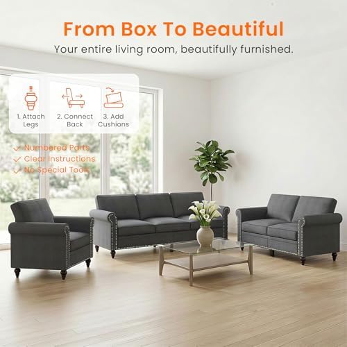 ijuicy 3 Pcs Sectional Sofa Set, Modern Linen Upholstered Couch-Dark Gray - Image 6