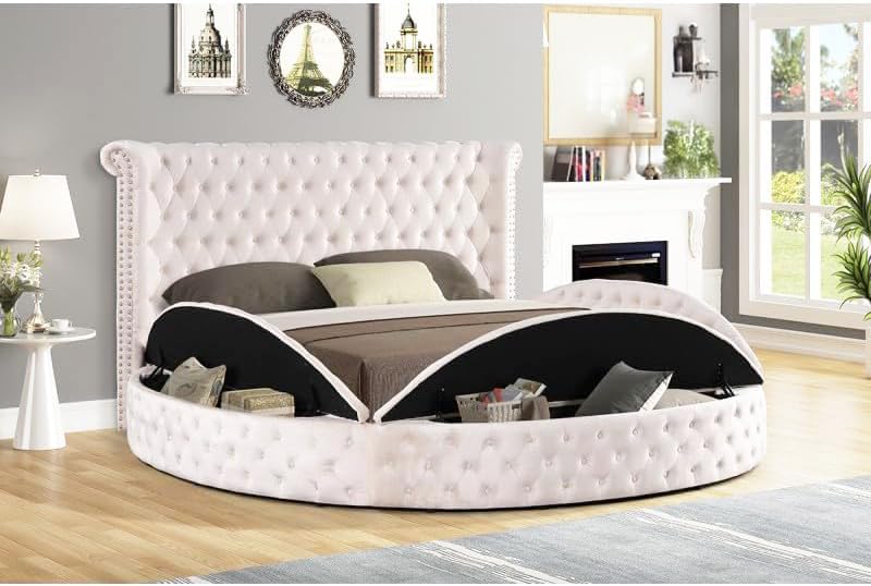 First of a Kind Circle Velvet Tufted Upholstered Platform Storage Bed - Image 6