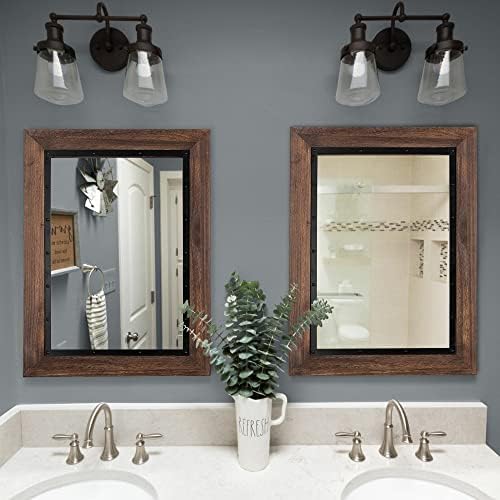 YOSHOOT Rustic Wooden Framed Wall Mirror, Natural Wood and Iron Bathroom Vanity - Image 4