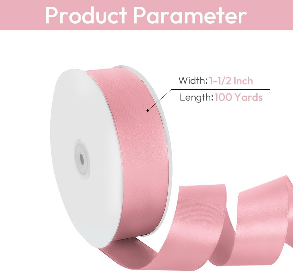 1-1/2" Width x 100 Yards Satin Ribbon, Pink Ribbon Perfect for DIY Craft, Bows, Gift Wrapping, Flower Bouquet, Valentine's Day, Christmas and Party Decoration