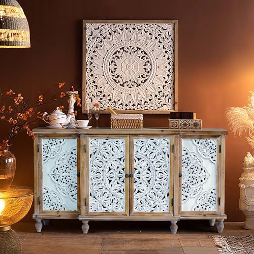 LKTART 63" Solid Wood Sideboard Buffet, Carved Credenza Storage Cabinet by LKTART