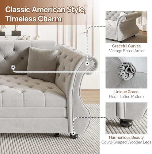 83.8" Velvet Pull-Out Chesterfield Sleeper Sofa Bed, Light Grey - Image 4