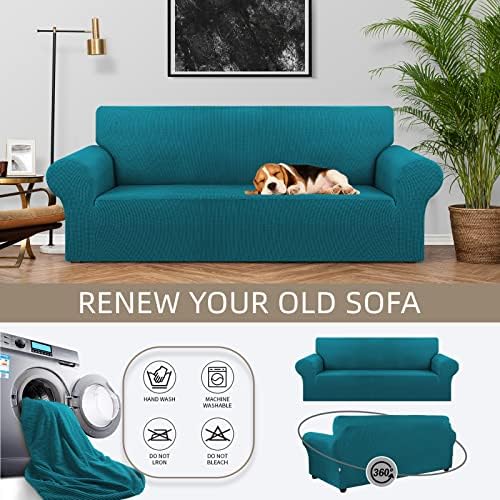 KEKUOU Stretch Couch Covers for Sofa, 3 Cushion Couch Slipcover, Peacock Blue - Image 3
