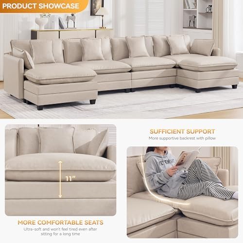 147'' Sectional Cloud Deep Seat Couch, Oversized Leather U Shaped Sectional Sofa - Image 3