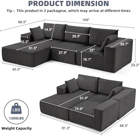108" Boneless Couch with Chaise, Cloud Sectional Modular Sofa - Image 3