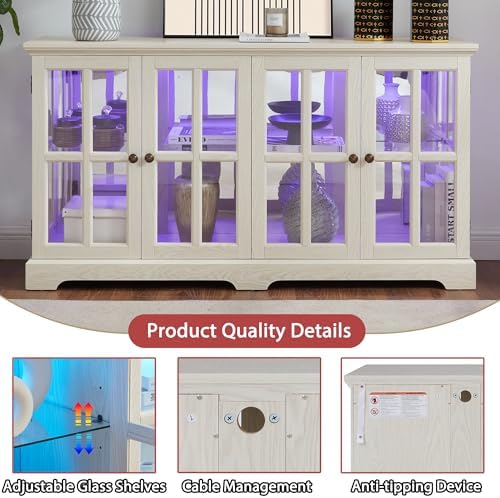 59" Glass Curio Display Storage Cabinet, 4 Doors LED Light Multipurpose - Image 3