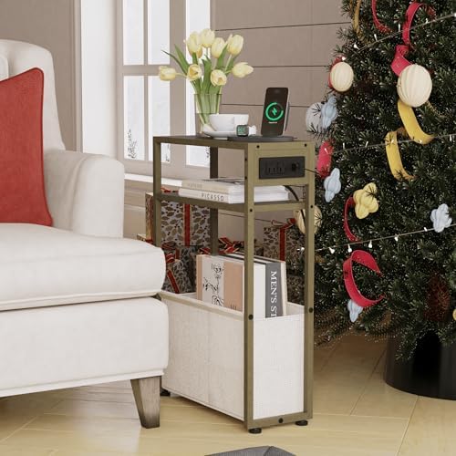 Leomonio Green Side Table with Charging Station, Slim End Tables with Linen - Image 7