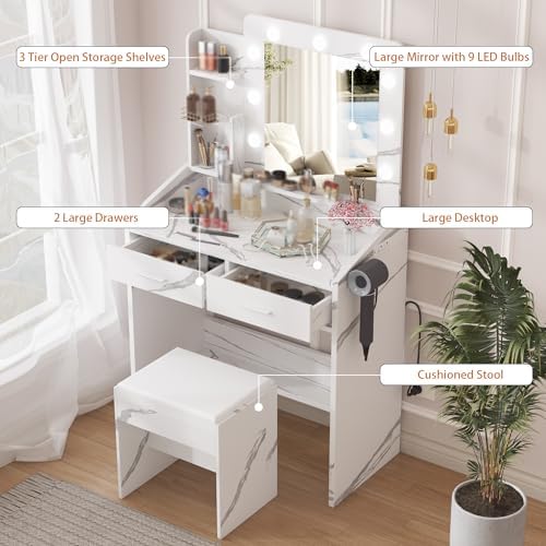 Vanity Desk with Power Outlet, Makeup Vanity with Large Mirror and LED Lights - Image 3
