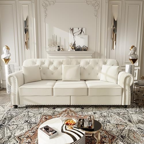 GDFStudio 82.6" Upholstered Velvet Sofa, Mid-Century Modern Chesterfield Couch - Image 5