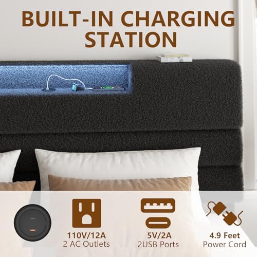 Full Bed Frame with Charging, LED Boucle Platform Bed, Dark Grey - Image 5