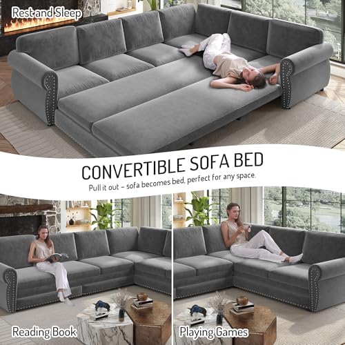 118" Chenille L-Shaped Pull-Out Sectional Vintage Sleeper Sofa, Light Grey - Image 3