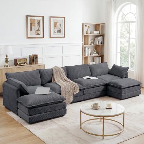 Modular Sectional Sofa, 6 Seat Modern Corduroy Cloud Couch - Image 6