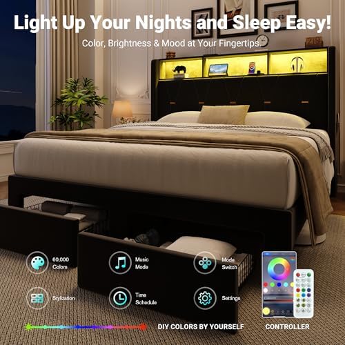 Allewie Queen Bed Frame with 2-Tier Storage Headboard, Charging Station & LED - Image 4
