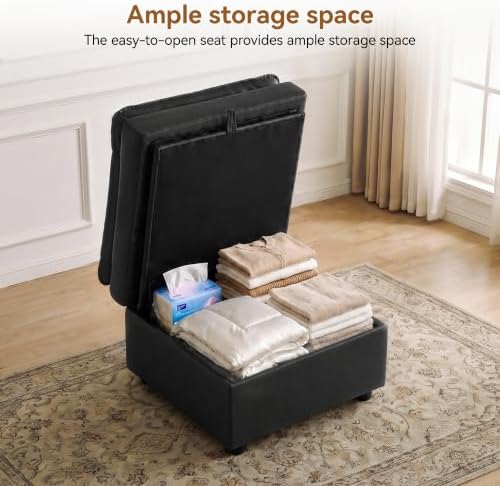27" Black Faux Leather Storage Ottoman, Large Square Footrest - Image 3