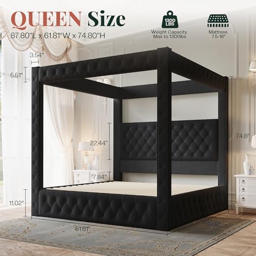 Jocisland Queen Canopy Bed Frame Velvet Upholstered Headboard - Image 2