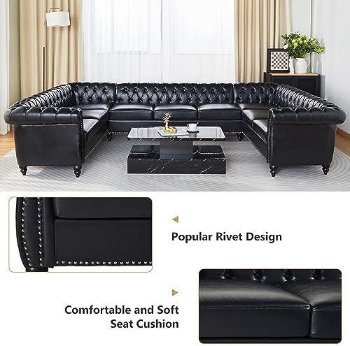 QHITTY U-Shaped Sofa, Sectional Chesterfield Leather Faux Couch 9-Seater - Image 6