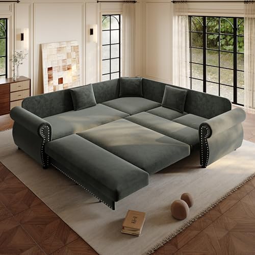 88.2" Chenille L-Shaped Pull-Out Sectional Sleeper Sofa Bed, Dark Grey - Image 2