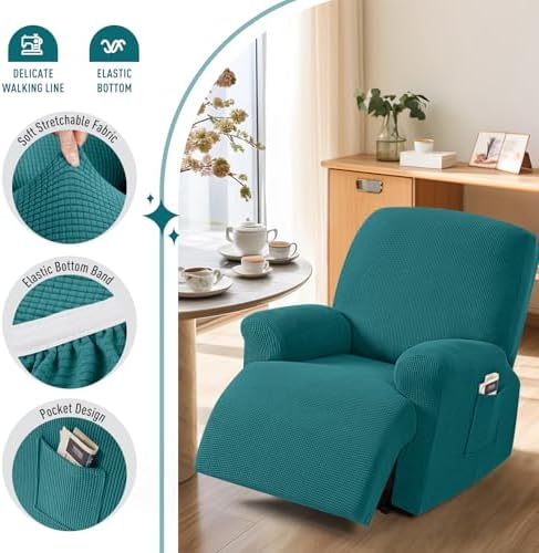 TAOCOCO Oversized Stretch Recliner Chair Covers 4 Piece, Peacock Blue - Image 3