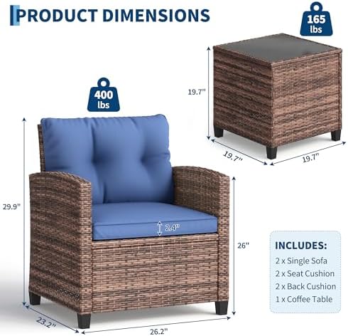 IDEALHOUSE 3 Piece Outside Patio Furniture Set, Outdoor Wicker Chair - Image 2