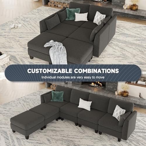 Modular Sectional Sofa, 6 Seat Modular Sleeper Sofa Couch, Dark Grey - Image 4
