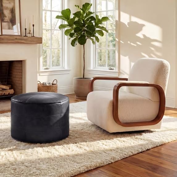Leather Round Ottoman, Pouf for Living Room - Image 3