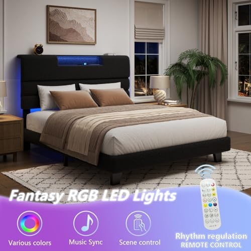Queen Bed Frame with Charging, LED Boucle Platform Bed, Dark Grey - Image 3