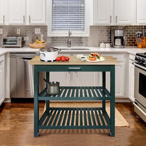 Kitchen Island with Solid Wood Top, Natural/Hunter Green - Image 6