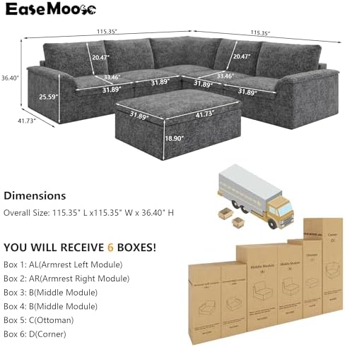 EASE MOOSE 115" Modular Sectional Sofa, Boneless Couches - Image 2