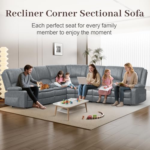 Manual Reclining Sectional Sofa Set, 7 Seats Soft Leather Recliner Grey - Image 3