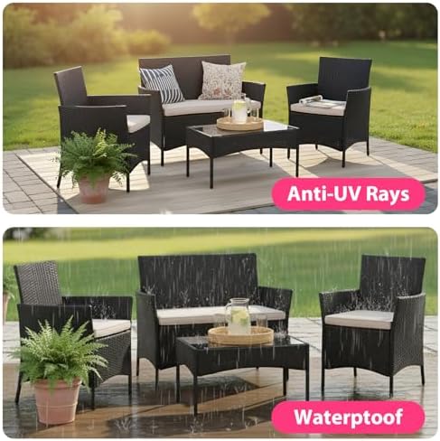 FDW 4-Piece Patio Furniture Set | Black & Beige | Outdoor Wicker Furniture - Image 4