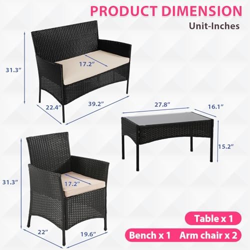 FDW 4-Piece Patio Furniture Set | Black & Beige | Outdoor Wicker Furniture - Image 7
