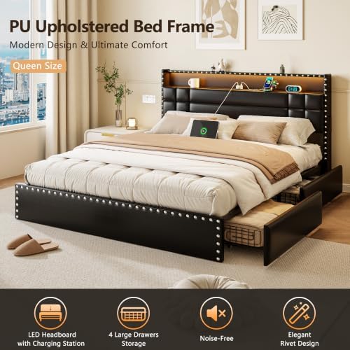 Forestell Queen Bed Frame with 4 Storage Drawers, LED Lights & Charging - Image 3