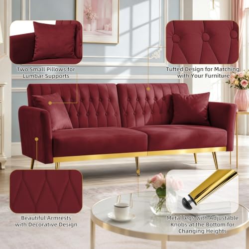 70” Velvet Futon Sofa Bed w/Adjustable Armrests - Image 4