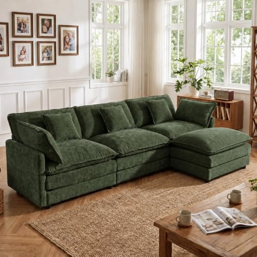 Tmsan 111.42" Green Cloud Sectional Couch w/Ottoman, 3 Seater L Shape Sofa by TmsanHomeKitchen