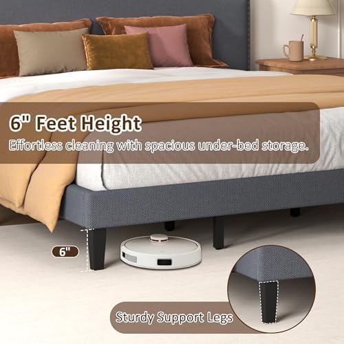 King Size Bed Frame with Upholstered Headboard, Platform Bed with Soft Linen - Image 4