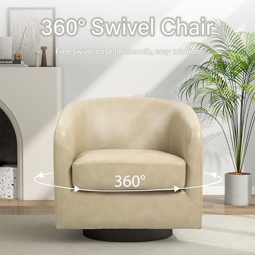 Pia Ricco Set of 4 Oversized Faux Leather 360° Swivel Barrel Accent Chair Cream - Image 5