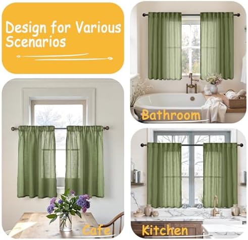 YoungsTex Olive Green Linen Kitchen Window Curtains 36 Inch Length - Image 2
