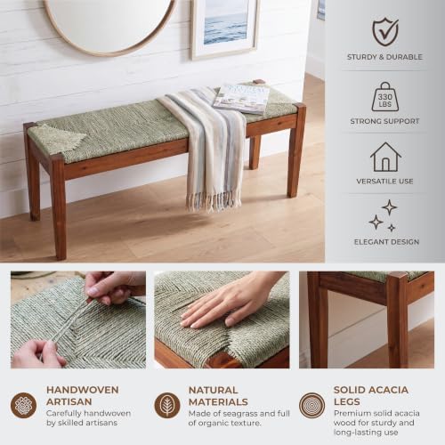 46-Inch Acacia Wood Bench with Natural Seagrass Woven Seat, Indoor Bench - Image 3
