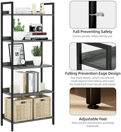 NUMENN Bookshelf, 5 Tier Freestanding Shelving Unit, Dark Grey - Image 6