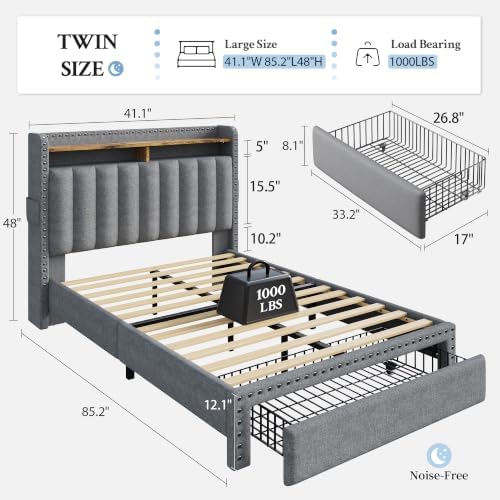 EnHomee Twin Bed Frame with Large Drawer & 2-Tier Storage Headboard Shelf - Image 2