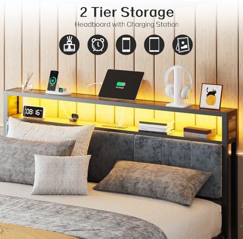 OLEVS King Bed Frame with Headboard, Metal Platform Bed King Size with 2-Tier - Image 5