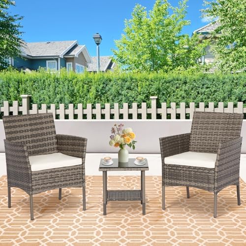 FDW 3-Piece Patio Furniture Set | Gray & Khaki | Outdoor Wicker Furniture - Image 2