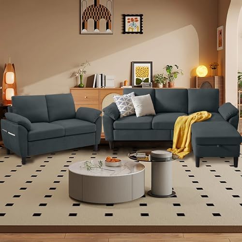 80" Convertible Sectional Sofa Set, Modern Linen Small L Shaped Couch by Chireca