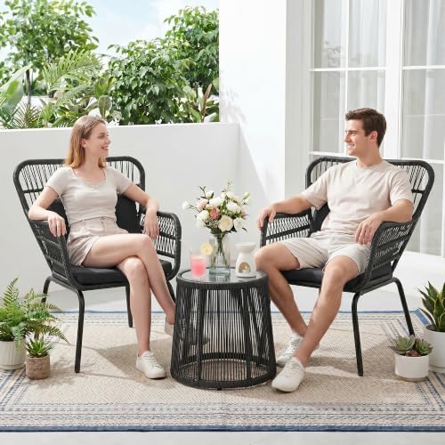 3 Piece Outdoor Wicker Furniture Bistro Set, Rattan Chairs Conversation Sets by HOMEZILLIONS