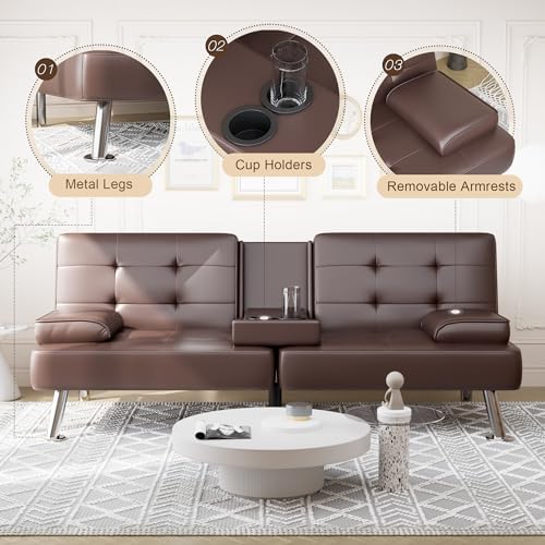 Shahoo Leather Convertible Futon Sofa Bed, Folding Sleeper Loveseat Couch - Image 5