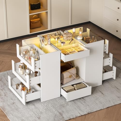 LIVAUVEAD Closet Island with 10 Drawers, LED Light & Glass Top by LIVAUVEAD