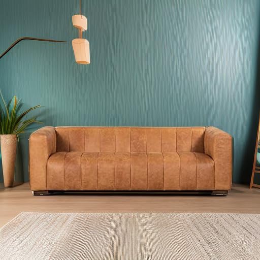 POLY & BARK Canale Sofa – 86" Channel-Tufted Italian Leather Couch – Cognac Tan - Image 2
