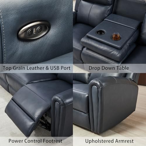 THSUPER Blue Genuine Leather Power Recliner Sofa Couch Set - Image 6